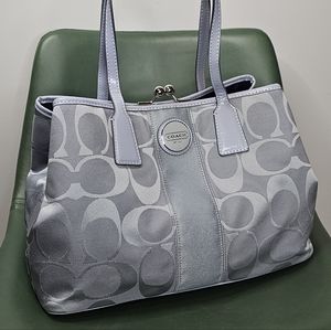 Coach Signature Stripe Kisslock Carryall Tote in Silver/Blue